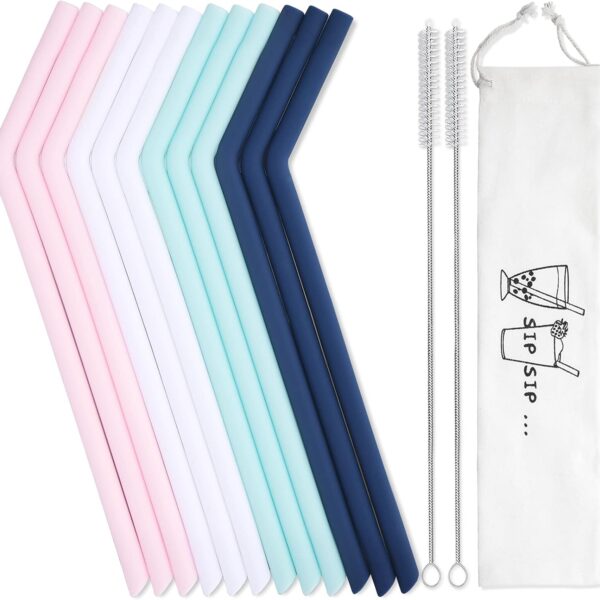 Hiware 12 Pcs Reusable Silicone Drinking Straws with Travel Case - Long Drinking Straws for 30 oz and 20 oz Tumblers, 2 Cleaning Brushes