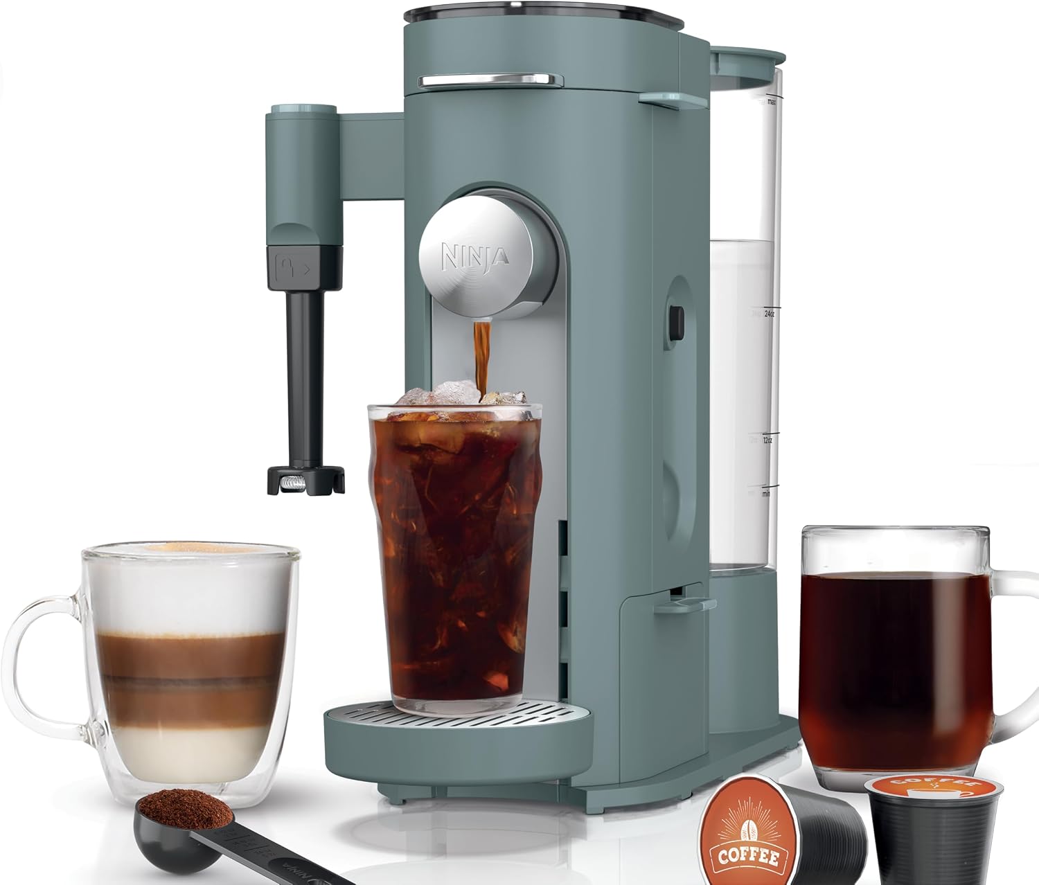 Ninja Pods & Grounds Specialty Single-Serve Coffee Maker, K-Cup Pod Compatible, Built-In Milk Frother, 6-oz. Cup to 24-oz. Travel Mug Sizes, Iced Coffee Maker, 1550 watts, Sage Green, PB051SG Ninja Pods & Grounds Specialty Single-Serve Coffee Maker, K-Cup Pod Compatible, Built-In Milk Frother, 6-oz. Cup to 24-oz. Travel Mug Sizes, Iced Coffee Maker, 1550 watts, Sage Green, PB051SG