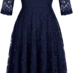 Dressystar Womens Long-Sleeve Wedding Guest Dress A-Line Lace Formal Party Cocktail Midi Dress Prom Gown