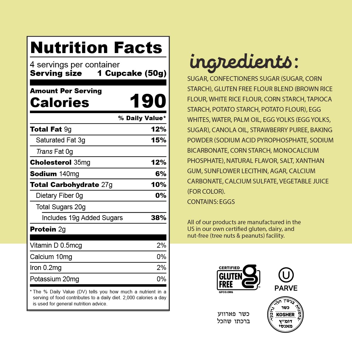Katz Gluten Free Creme Filled Strawberry Cupcakes. Free of Dairy, Peanuts, Tree Nuts, and Sesame. Kosher, 7oz (1Pk) Katz Gluten Free Creme Filled Strawberry Cupcakes. Free of Dairy, Peanuts, Tree Nuts, and Sesame. Kosher, 7oz (1Pk)