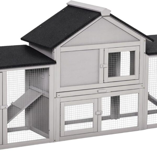 PawHut 83" L Outdoor Rabbit Hutch with Double Runs, Large Guinea Pig Cage Indoor, Wooden Bunny Hutch with Weatherproof Roof, Removable Tray, Ramps, Gray