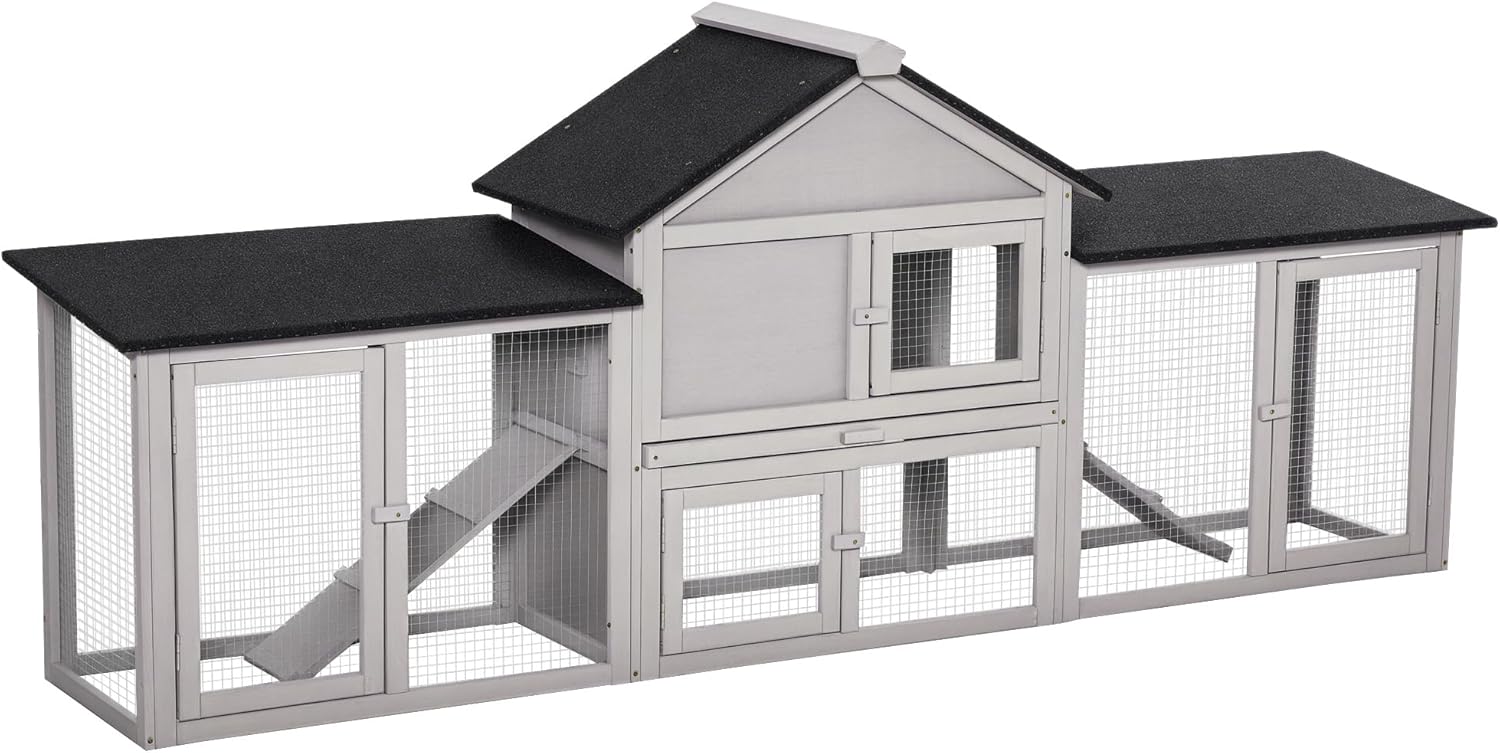 PawHut 83" L Outdoor Rabbit Hutch with Double Runs, Large Guinea Pig Cage Indoor, Wooden Bunny Hutch with Weatherproof Roof, Removable Tray, Ramps, Gray PawHut 83" L Outdoor Rabbit Hutch with Double Runs, Large Guinea Pig Cage Indoor, Wooden Bunny Hutch with Weatherproof Roof, Removable Tray, Ramps, Gray