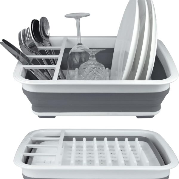 Collapsible Dish Drying Rack, Foldable Dinnerware Drainer Organizer | Space-saving plastic kitchen storage organizer. Compact folding dish drainboard perfect for RVs, camping & small countertops.