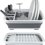 Collapsible Dish Drying Rack, Foldable Dinnerware Drainer Organizer | Space-saving plastic kitchen storage organizer. Compact folding dish drainboard perfect for RVs, camping & small countertops.
