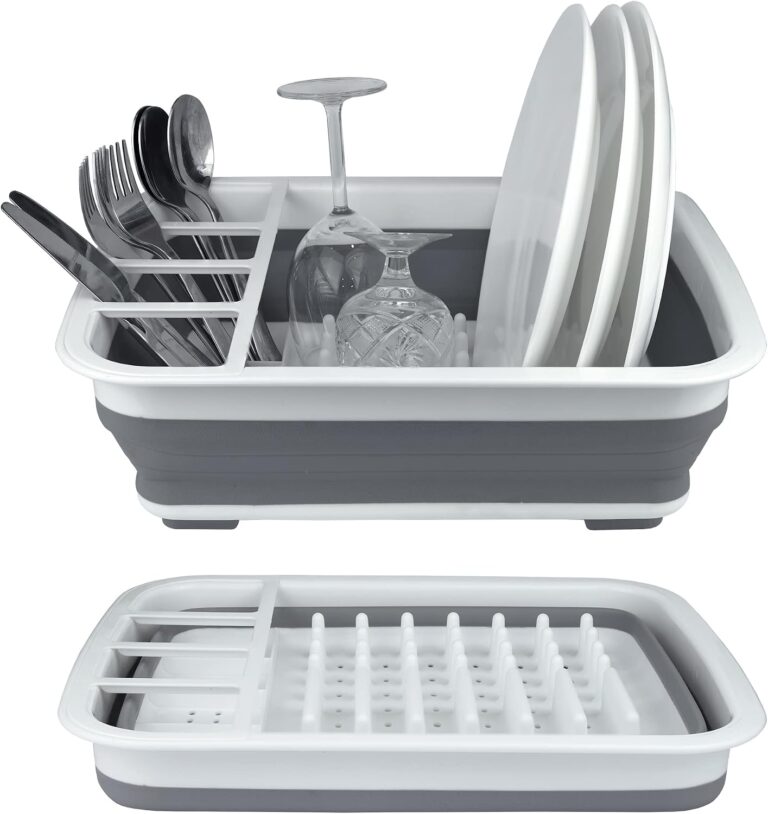 Collapsible Dish Drying Rack, Foldable Dinnerware Drainer Organizer | Space-saving plastic kitchen storage organizer. Compact folding dish drainboard perfect for RVs, camping & small countertops.