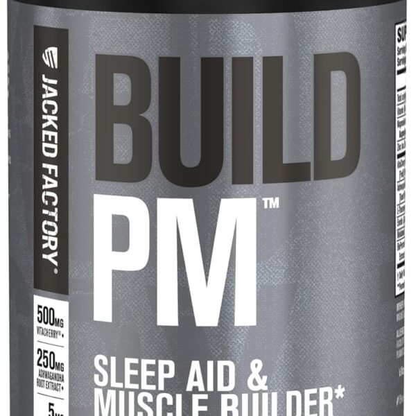 Jacked Factory Build PM Night Time Muscle Builder & Sleep Aid - Post Workout Recovery & Sleep Support Supplement w/VitaCherry Tart Cherry, Ashwagandha, & Melatonin - 60 Natural Veggie Pills