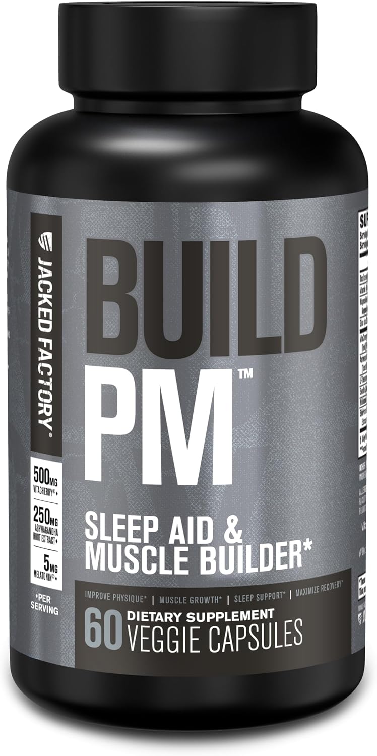 Jacked Factory Build PM Night Time Muscle Builder & Sleep Aid - Post Workout Recovery & Sleep Support Supplement w/VitaCherry Tart Cherry, Ashwagandha, & Melatonin - 60 Natural Veggie Pills