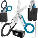 Lenporl 6 In 1 Multi-function Trauma Shears Foldable with Compatible Holster and Penlights,Emergency Shears with Strap Cutter and Glass Breaker for Outdoor Medical Scissors Tools Black+Blue