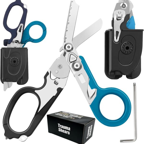Lenporl 6 In 1 Multi-function Trauma Shears Foldable with Compatible Holster and Penlights,Emergency Shears with Strap Cutter and Glass Breaker for Outdoor Medical Scissors Tools Black+Blue