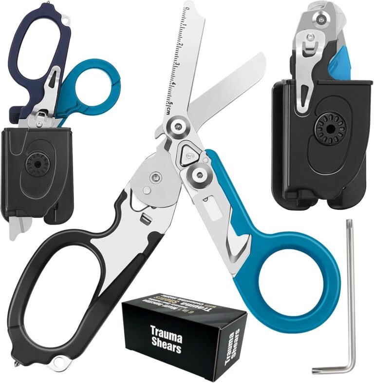 Lenporl 6 In 1 Multi-function Trauma Shears Foldable with Compatible Holster and Penlights,Emergency Shears with Strap Cutter and Glass Breaker for Outdoor Medical Scissors Tools Black+Blue