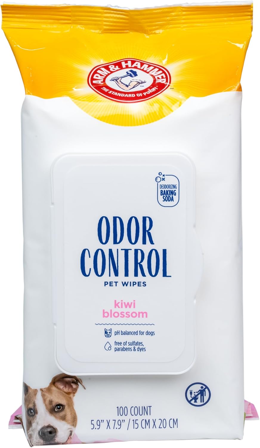 Arm & Hammer for Pets Odor Control Dog Wipes, Deodorizing Wipes with Baking Soda for Dogs Between Baths, Gentle Cleaning Pet Grooming Wipes for Everyday Freshness, Kiwi Blossom Scent, 100 Count Arm & Hammer for Pets Odor Control Dog Wipes, Deodorizing Wipes with Baking Soda for Dogs Between Baths, Gentle Cleaning Pet Grooming Wipes for Everyday Freshness, Kiwi Blossom Scent, 100 Count