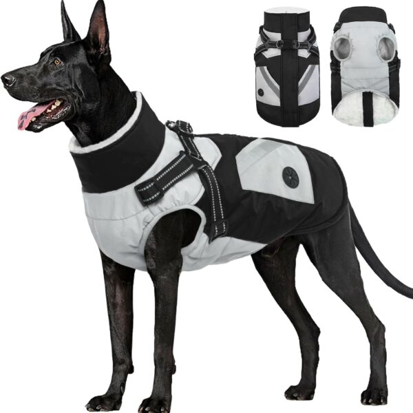 FUAMEY Dog Winter Jackets for Large Dogs,Dog Coat with Harness Built in,Waterproof Dogs Snowsuits Warm Pet Jacket Zip Up Fleece Cold Weather Coats Reflective Puppy Vest with Pocket Black 2XL