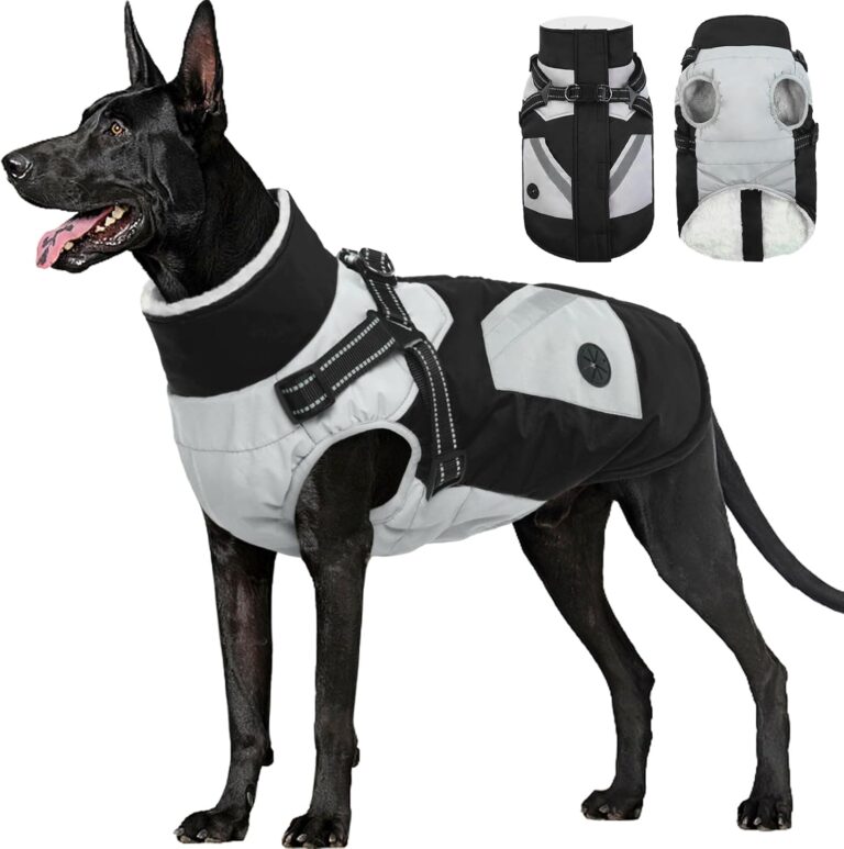 FUAMEY Dog Winter Jackets for Large Dogs,Dog Coat with Harness Built in,Waterproof Dogs Snowsuits Warm Pet Jacket Zip Up Fleece Cold Weather Coats Reflective Puppy Vest with Pocket Black 2XL