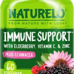 NATURELO Immune Support  Vitamin C, Elderberry, Zinc, Echinacea  Natural Immunity Boost w/Antioxidant, Herbal & Mineral Defense - 60 Vegan Capsules