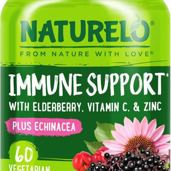 NATURELO Immune Support  Vitamin C, Elderberry, Zinc, Echinacea  Natural Immunity Boost w/Antioxidant, Herbal & Mineral Defense - 60 Vegan Capsules