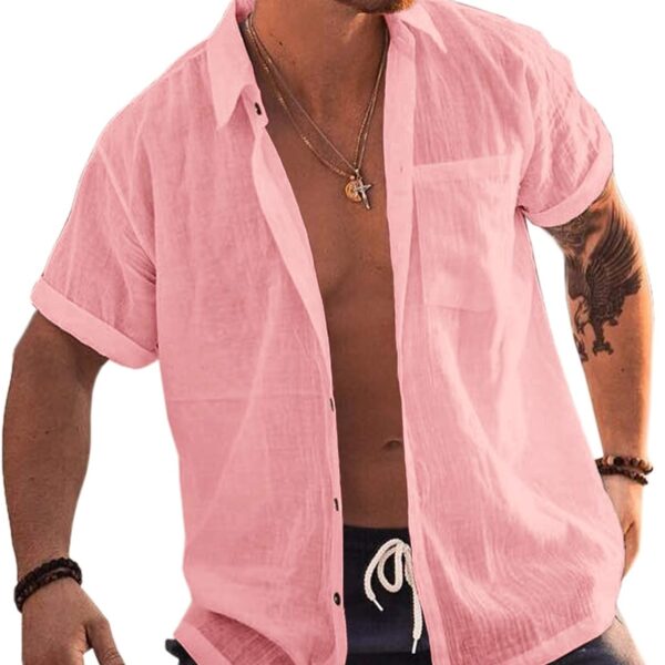 Bbalizko Mens Short Sleeve Button Up Shirts Linen Cotton Beach Tops Spread Collar Plain Summer T Shirt with Pocket
