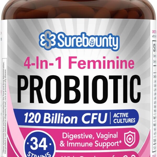 Probiotics for Women, 120 Billion CFU 34 Strains, Prebiotics, Digestive Enzymes, Cranberry, 4-in-1 Feminine Probiotic, Digestive, Vaginal, Immune Support, 30ct