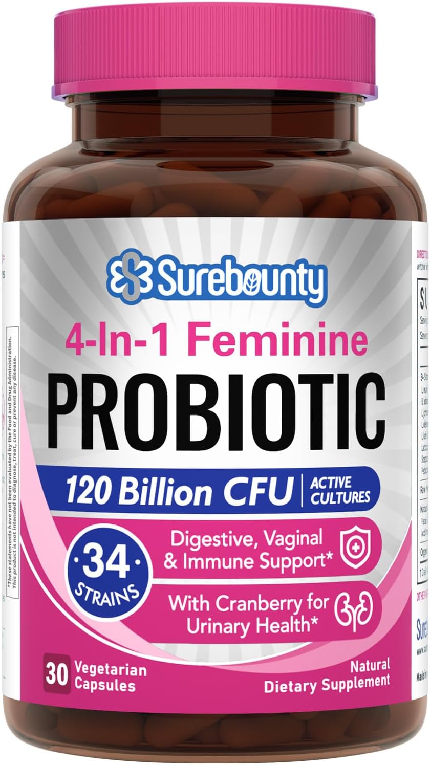 Probiotics for Women, 120 Billion CFU 34 Strains, Prebiotics, Digestive Enzymes, Cranberry, 4-in-1 Feminine Probiotic, Digestive, Vaginal, Immune Support, 30ct Probiotics for Women, 120 Billion CFU 34 Strains, Prebiotics, Digestive Enzymes, Cranberry, 4-in-1 Feminine Probiotic, Digestive, Vaginal, Immune Support, 30ct