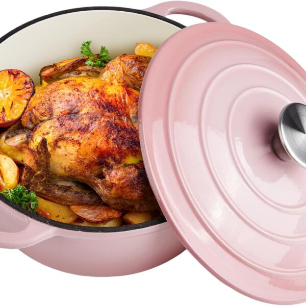 3 Quart Dutch Oven Enameled Cast Iron with Lid - Big Dual Handles - Oven Safe up to 500F - Classic Round Pot for Versatile Cooking Pink