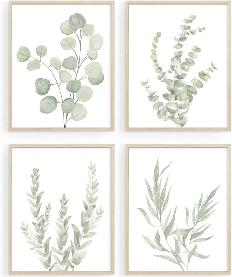 Howwii Botanical Boho Bathroom Decor Wall Art Prints, UNFRAMED Sage Green Plants Decor for Bedroom|Office, Minimalist Eucalyptus Leaves Watercolor Art Prints, Set of 4 Pictures, 8"x10" No Frames