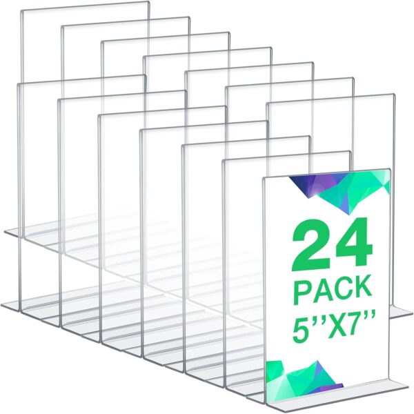 Amyhill 24 Pack Acrylic Sign Holder 5 x 7 Inch Plastic Picture Frames Self Standing Clear Acrylic Frame Double Sided T Shape Table Menu for Wedding Business Office Hotel Supplies