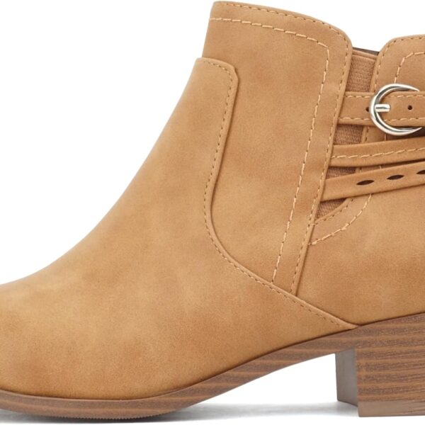 Soda BOYET ~ Women Round Toe Elastic Gore Multi Back Strap Low Stack Heel Ankle Bootie with Side Zipper