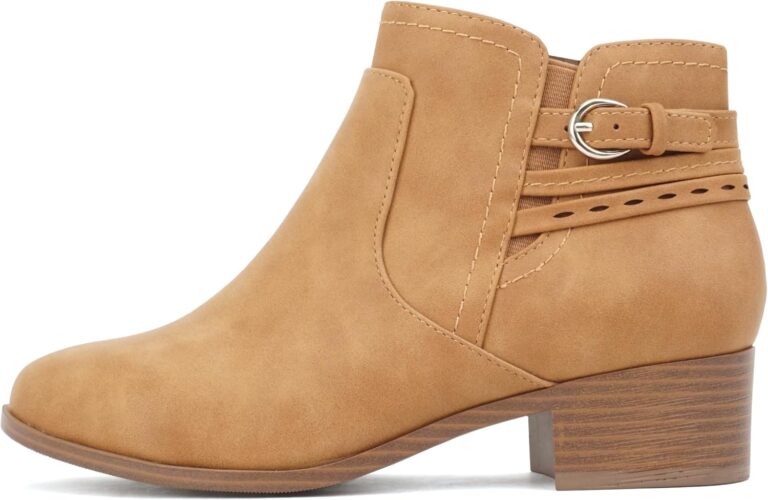 Soda BOYET ~ Women Round Toe Elastic Gore Multi Back Strap Low Stack Heel Ankle Bootie with Side Zipper