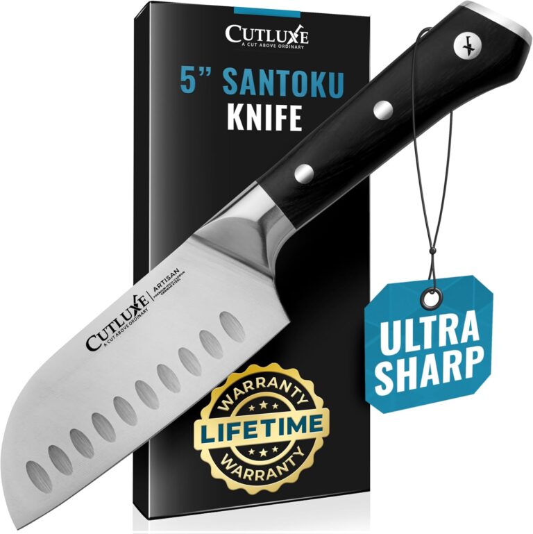Cutluxe Santoku Knife  5" Chopping Knife, Meat and Vegetable Knife  Forged High Carbon German Steel  Full Tang & Razor Sharp  Ergonomic Handle Design  Artisan Series