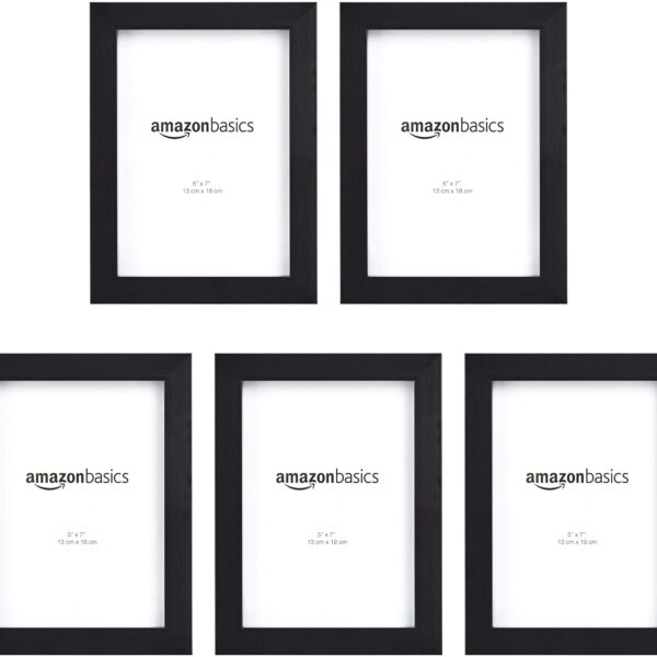 Amazon Basics Rectangular Picture Frame Set for Wall Hanging or Tabletop Display, 5 x 7 in, Black, Horizontal and Vertical Formats, 5-Pack