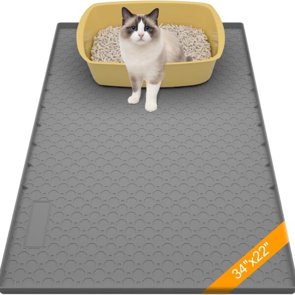 Silicone Large Cat Litter Mat 34" X 22", Cat Mat for Litter Box, Cats Litter Trapping Mats with Raised Edges, Non-Slip and Urine Waterproof Surface, Gray