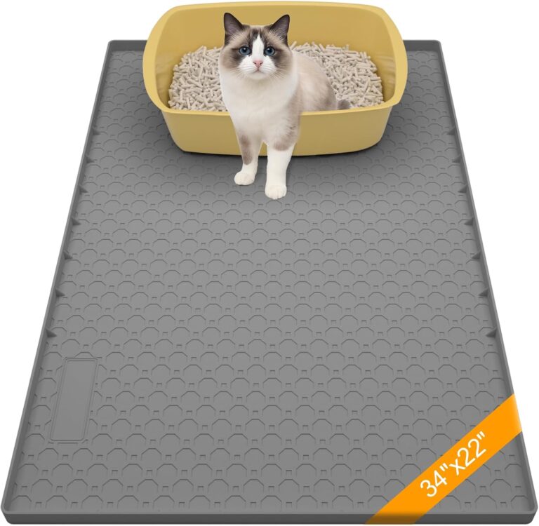 Silicone Large Cat Litter Mat 34" X 22", Cat Mat for Litter Box, Cats Litter Trapping Mats with Raised Edges, Non-Slip and Urine Waterproof Surface, Gray