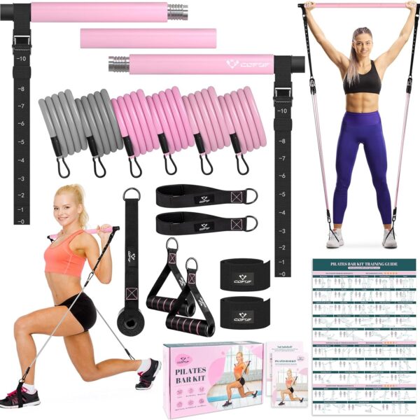 COFOF Pilates Bar Kit with Resistance Bands, Multifunctional Yoga Pilates Bar with Heavy-Duty Metal Adjustment Buckle, Portable Home Gym Pilates Resistance Bar Kit for Women Full Body Workouts