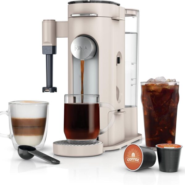 Ninja Pod & Grounds | Coffee Maker | XL Single-Serve | K-Cup Pod Compatible | Brews Grounds | Compact Design | Built-In Milk Frother | 68-oz. Reservoir, 6-oz. Cup to 24-oz. Mug Sizes | Stone |PB055AST
