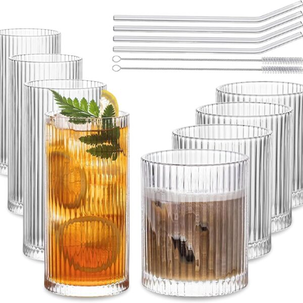 INSETLAN Set of 8 Vintage Glassware - 4 Highball Glasses 12 oz, 4 Rocks Glass Cups 14 oz, Ribbed Glassware Cocktail Glasses, Ideal for Wine, Juice, Water, Ice Coffee Cup, Whiskey, Mixed Drinkware