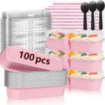 YQER 100 Pack Mini Loaf Pans with Lids and Spoons, 6.8oz Disposable Aluminum Foil Mini Cake Pans and Baking Tins with Sealing Stickers, Individual Pink Dessert Containers for Parties and Gifts