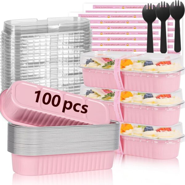 YQER 100 Pack Mini Loaf Pans with Lids and Spoons, 6.8oz Disposable Aluminum Foil Mini Cake Pans and Baking Tins with Sealing Stickers, Individual Pink Dessert Containers for Parties and Gifts