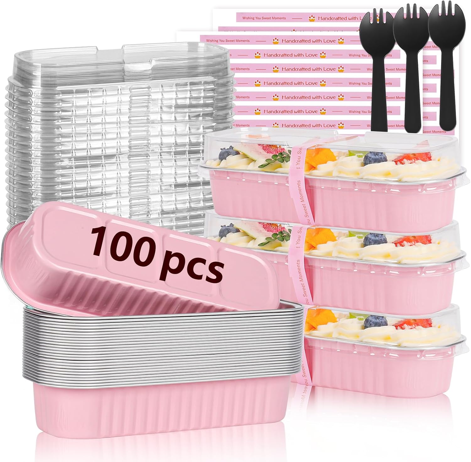 YQER 100 Pack Mini Loaf Pans with Lids and Spoons, 6.8oz Disposable Aluminum Foil Mini Cake Pans and Baking Tins with Sealing Stickers, Individual Pink Dessert Containers for Parties and Gifts YQER 100 Pack Mini Loaf Pans with Lids and Spoons, 6.8oz Disposable Aluminum Foil Mini Cake Pans and Baking Tins with Sealing Stickers, Individual Pink Dessert Containers for Parties and Gifts