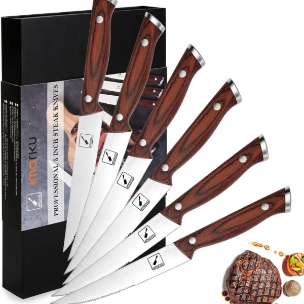 imarku Steak Knives, Serrated Steak knives Set of 6, Japanese HC Steel Knife Set, Premium Serrated Carbon Stainless Steel Steak Knife with Gift Box,9 Inches/Piece, Silver