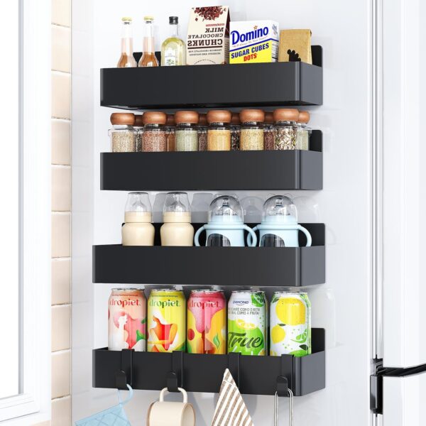 Mystozer Magnetic Spice Rack for Refrigerator, Kitchen Organizer and Storage Shelf, Black (4 Pack)