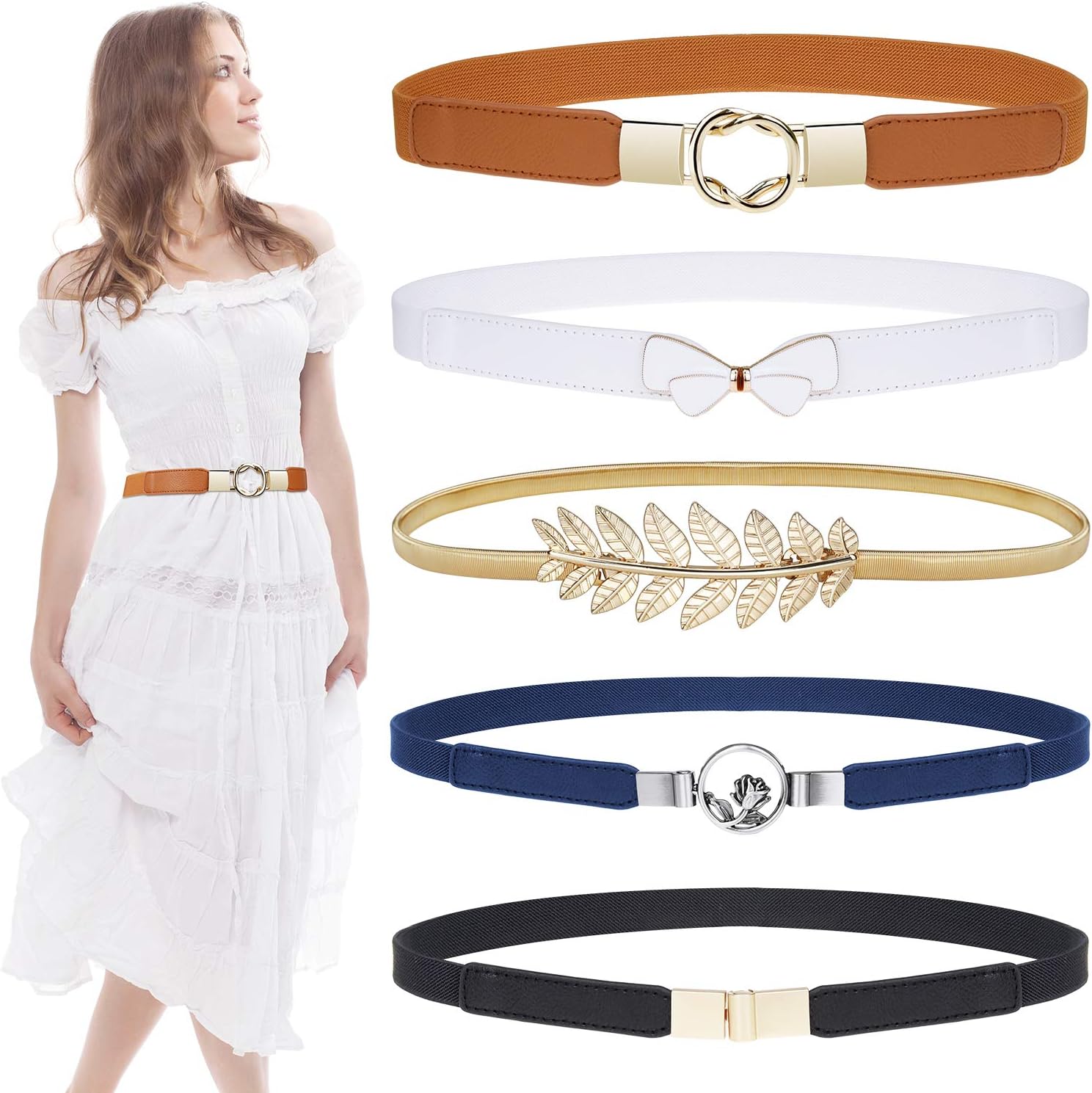 EAONE Skinny Belts for Women 5 Pack, Fashion Dress Belts Stretch Women Waist Belts Plus Size Elastic Waist Band for Dresses EAONE Skinny Belts for Women 5 Pack, Fashion Dress Belts Stretch Women Waist Belts Plus Size Elastic Waist Band for Dresses