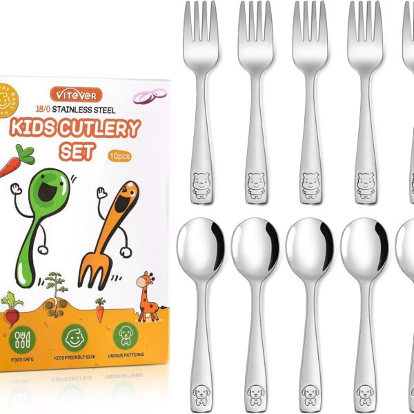 VITEVER 10-Piece Toddler Utensils, Kids Stainless Steel Silverware Set, Children Safe Forks and Spoons - Mirror Polished, Dishwasher Safe