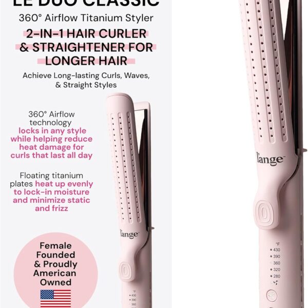 LAnge Hair Le Duo Grande 360 Airflow Styler | Curl & Straighten with One Tool | 5.3" Snag-Free Titanium Plates | Cooling Air Vents to Set Curls | Adjustable Temp & Auto Shut-Off | Blush