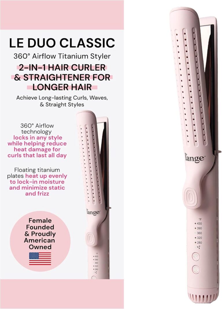 LAnge Hair Le Duo Grande 360 Airflow Styler | Curl & Straighten with One Tool | 5.3" Snag-Free Titanium Plates | Cooling Air Vents to Set Curls | Adjustable Temp & Auto Shut-Off | Blush
