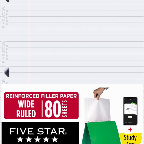 Five Star Loose Leaf Paper + Study App, Wide Ruled Filler Notebook Paper, Reinforced, Fights Ink Bleed, 8" x 10-1/2", 80 Sheets (150002)
