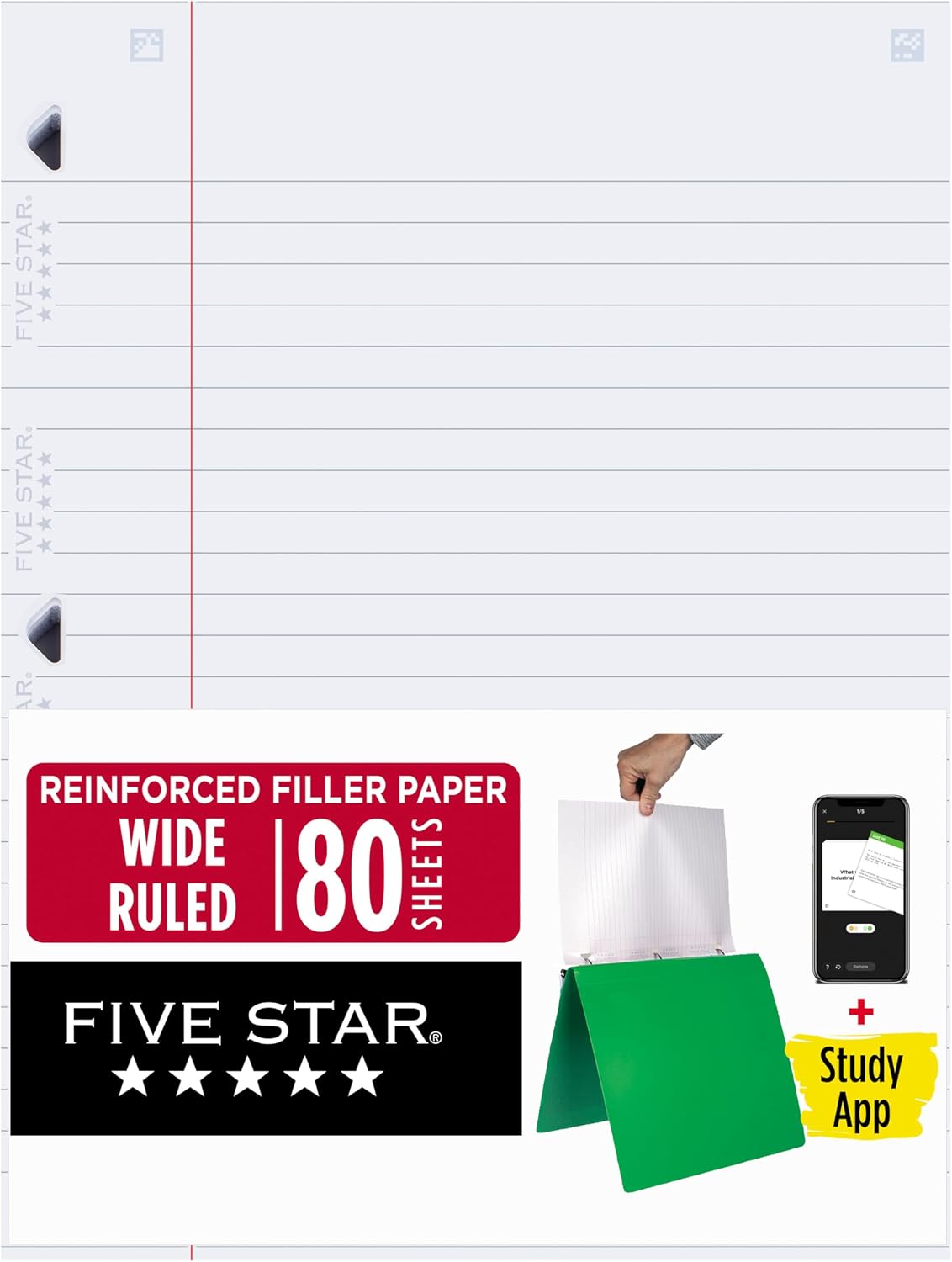 Five Star Loose Leaf Paper + Study App, Wide Ruled Filler Notebook Paper, Reinforced, Fights Ink Bleed, 8" x 10-1/2", 80 Sheets (150002) Five Star Loose Leaf Paper + Study App, Wide Ruled Filler Notebook Paper, Reinforced, Fights Ink Bleed, 8" x 10-1/2", 80 Sheets (150002)