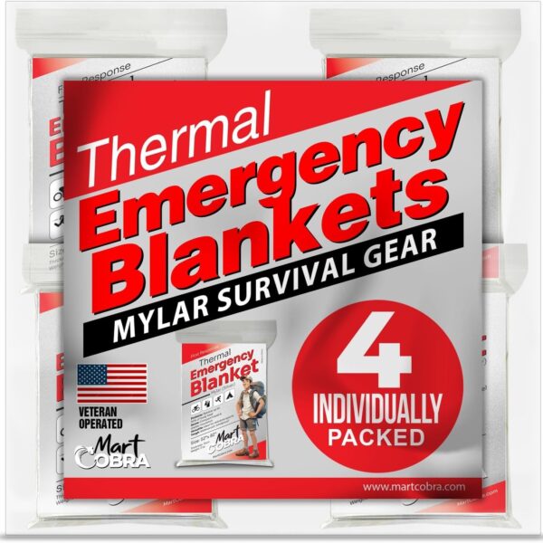 Emergency Blanket 4-Pack Space Mylar Blankets Survival Gear and Supplies Reusable Thermal Camping Hunting Essentials First Aid Car Backpacking Marathon Kit Prepper Go Rave Bug Out Bag Foil Cold Winter