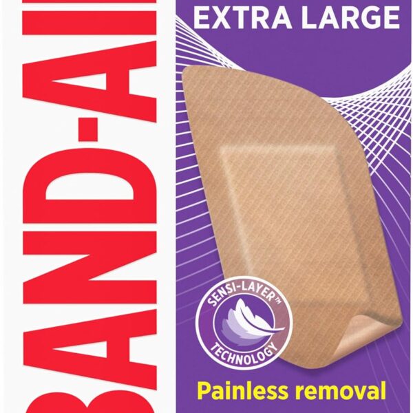 BAND-AID Brand Adhesive Bandages for Sensitive Skin, Hypoallergenic First Aid Bandages with Painless Removal, Stays on When Wet & Suitable for Eczema Prone Skin, Extra Large Size, 7 ct