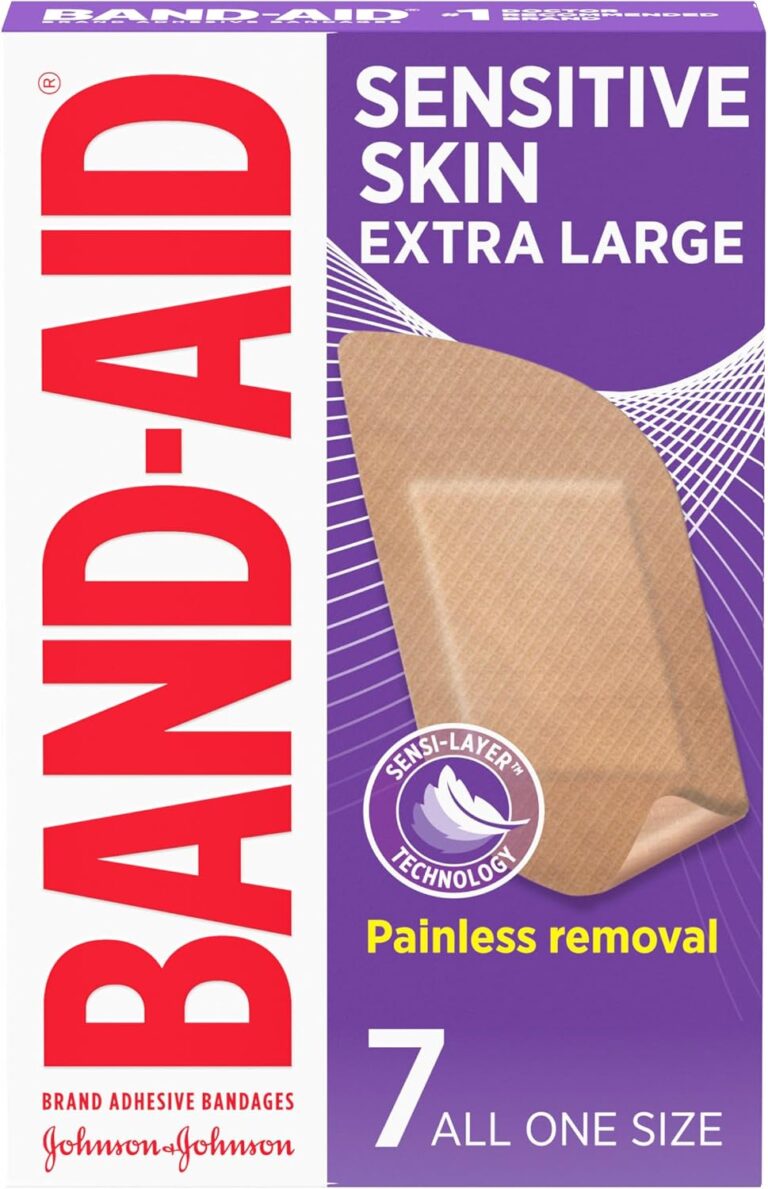 BAND-AID Brand Adhesive Bandages for Sensitive Skin, Hypoallergenic First Aid Bandages with Painless Removal, Stays on When Wet & Suitable for Eczema Prone Skin, Extra Large Size, 7 ct