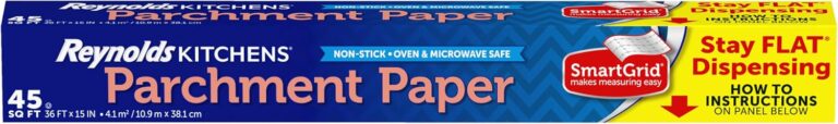 Reynolds Kitchens Stay Flat Parchment Paper Roll with SmartGrid, 45sq ft | Non-Curling Baking Parchment Paper Roll, 15 In Width, Nonstick, Microwave and Oven Safe To 425F, Easy Release and Cleanup