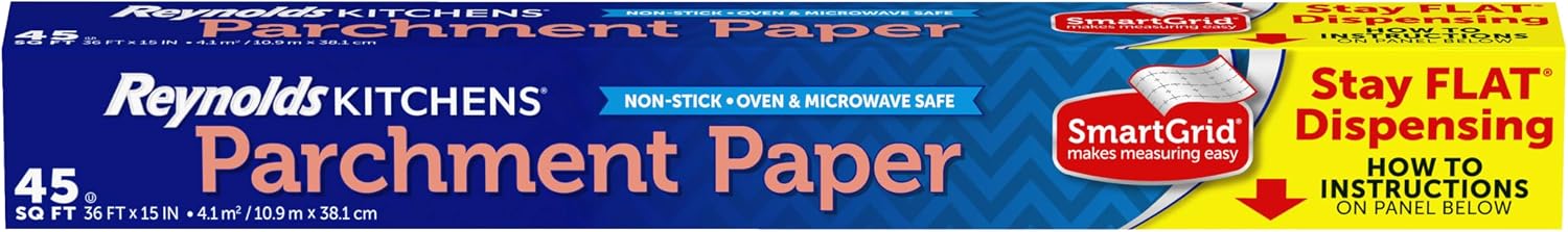 Reynolds Kitchens Stay Flat Parchment Paper Roll with SmartGrid, 45sq ft | Non-Curling Baking Parchment Paper Roll, 15 In Width, Nonstick, Microwave and Oven Safe To 425F, Easy Release and Cleanup Reynolds Kitchens Stay Flat Parchment Paper Roll with SmartGrid, 45sq ft | Non-Curling Baking Parchment Paper Roll, 15 In Width, Nonstick, Microwave and Oven Safe To 425F, Easy Release and Cleanup